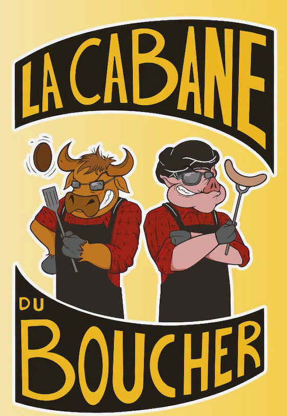 Logo de La Cabane du Boucher : un bœuf et un cochon en tabliers, prêts à cuisiner